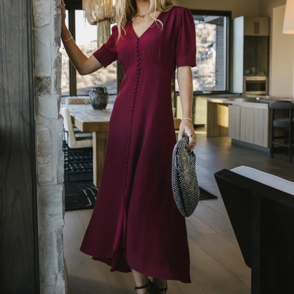 Lia Button Detail Dress in Burgundy | böhme XS